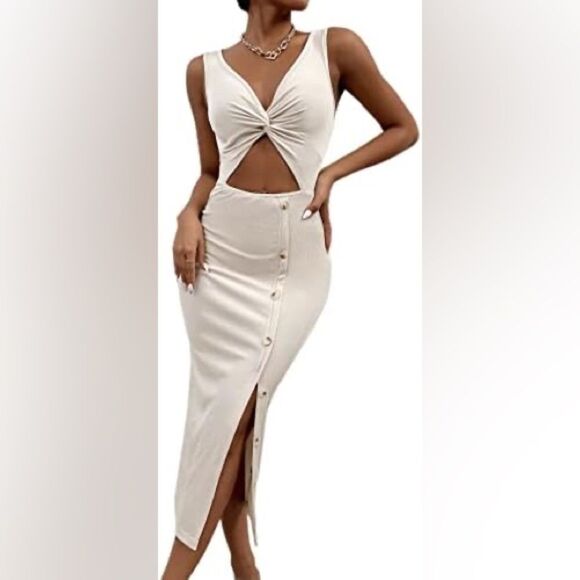 Sexy Bodycon Dress Women’s Medium Off White Cream Maxi Side Slit Buttons Summer - Picture 2 of 13